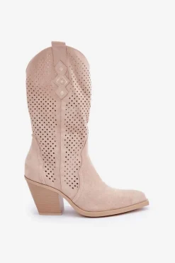Ażurowe Botki Kowbojki Na Słupku Jasnobeżowe Salive