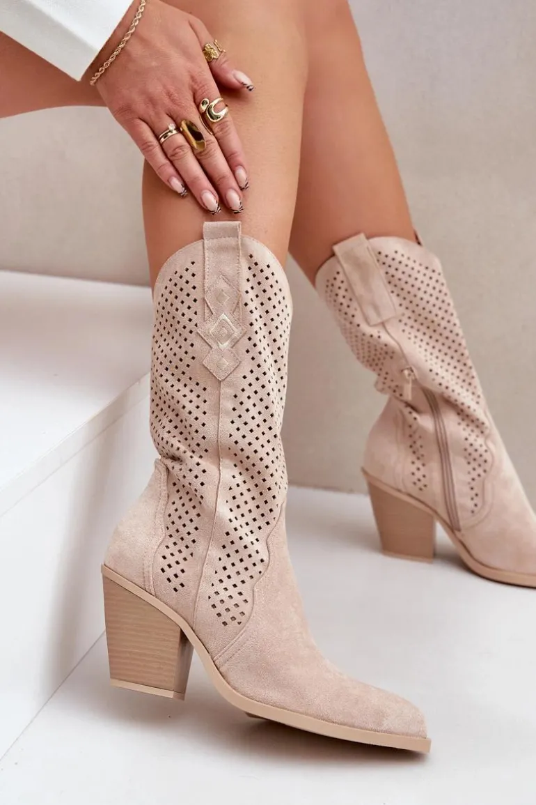 Ażurowe Botki Kowbojki Na Słupku Jasnobeżowe Salive