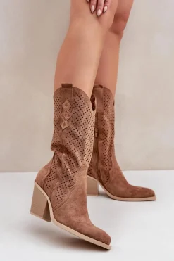Ażurowe Botki Kowbojki Na Słupku Brązowe Salive