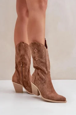 Ażurowe Botki Kowbojki Na Słupku Brązowe Salive