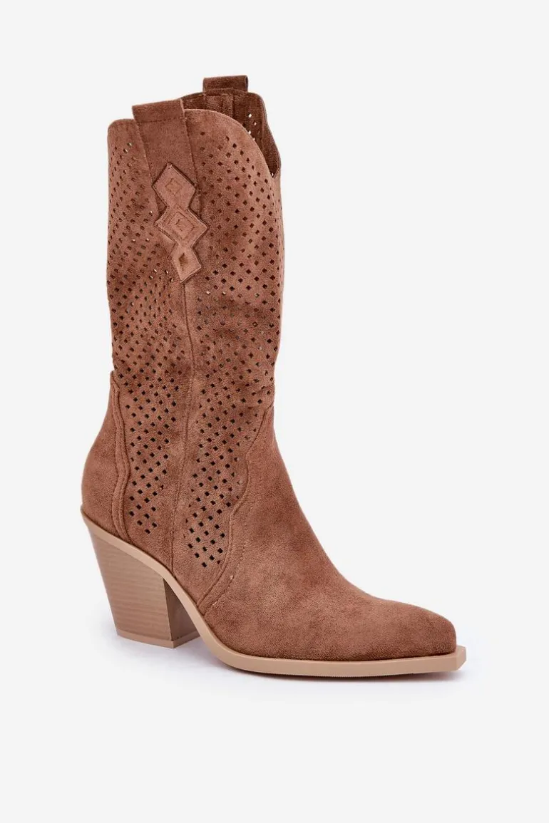 Ażurowe Botki Kowbojki Na Słupku Brązowe Salive