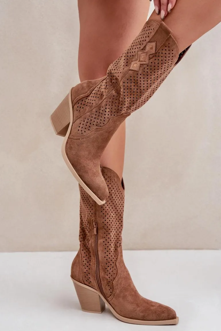 Ażurowe Botki Kowbojki Na Słupku Brązowe Salive