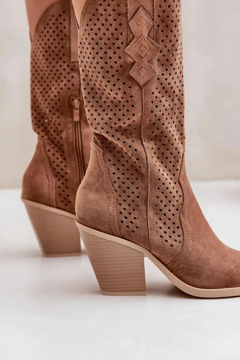 Ażurowe Botki Kowbojki Na Słupku Brązowe Salive