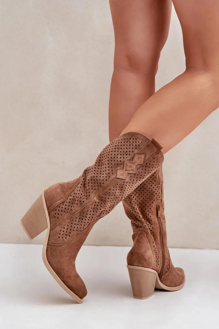 Ażurowe Botki Kowbojki Na Słupku Brązowe Salive