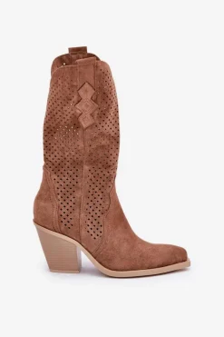 Ażurowe Botki Kowbojki Na Słupku Brązowe Salive