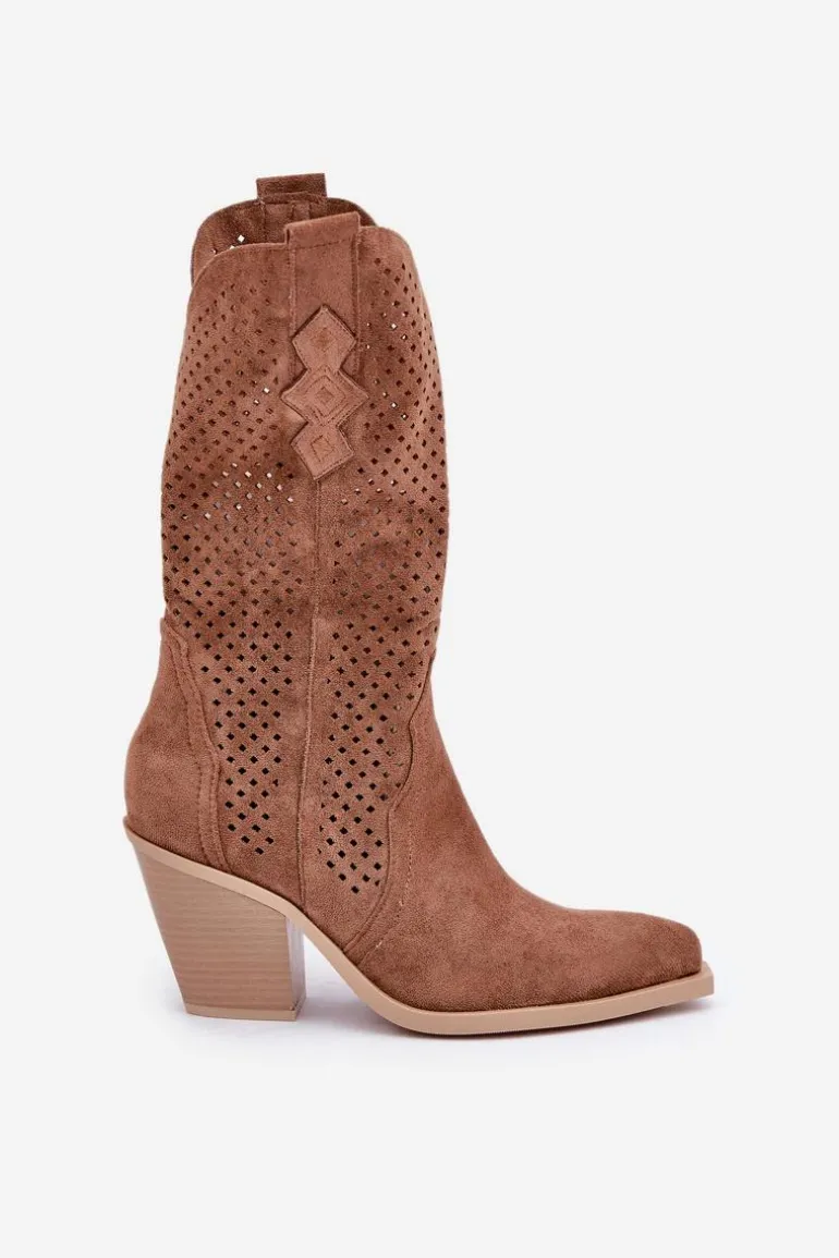 Ażurowe Botki Kowbojki Na Słupku Brązowe Salive