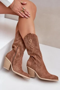 Ażurowe Botki Kowbojki Na Słupku Brązowe Salive