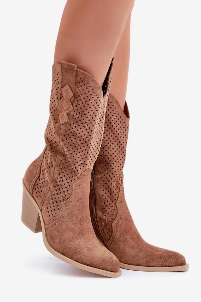 Ażurowe Botki Kowbojki Na Słupku Brązowe Salive
