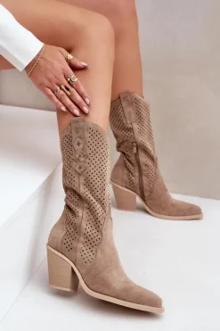 Ażurowe Botki Kowbojki Na Słupku Ciemnobeżowe Salive