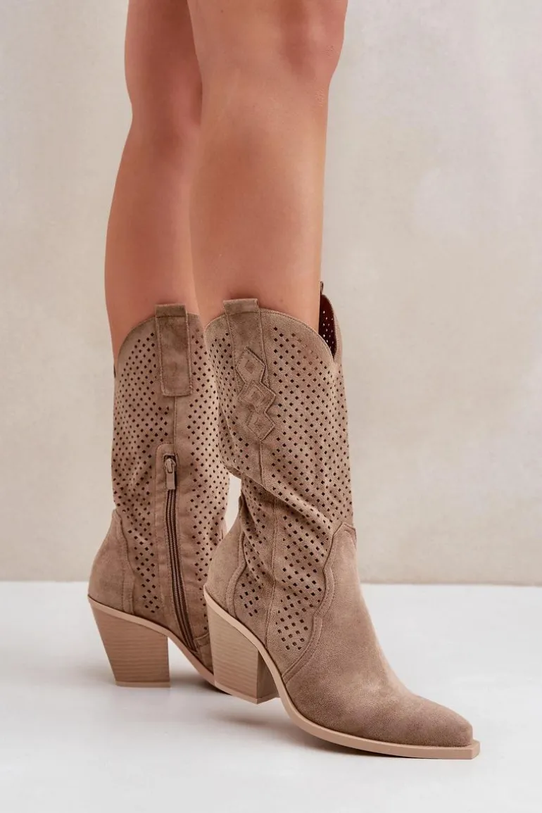 Ażurowe Botki Kowbojki Na Słupku Ciemnobeżowe Salive