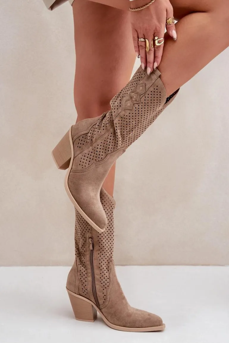 Ażurowe Botki Kowbojki Na Słupku Ciemnobeżowe Salive