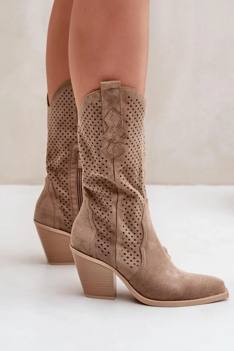 Ażurowe Botki Kowbojki Na Słupku Ciemnobeżowe Salive