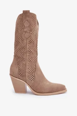 Ażurowe Botki Kowbojki Na Słupku Ciemnobeżowe Salive