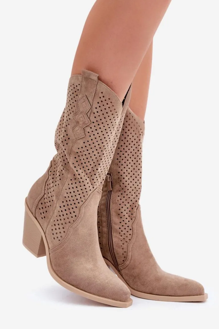 Ażurowe Botki Kowbojki Na Słupku Ciemnobeżowe Salive