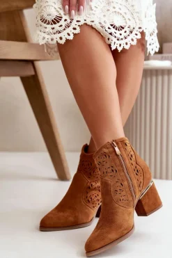 Ażurowe Botki Kowbojki Na Słupku Zapinane Na Zamek Camel Vosilara