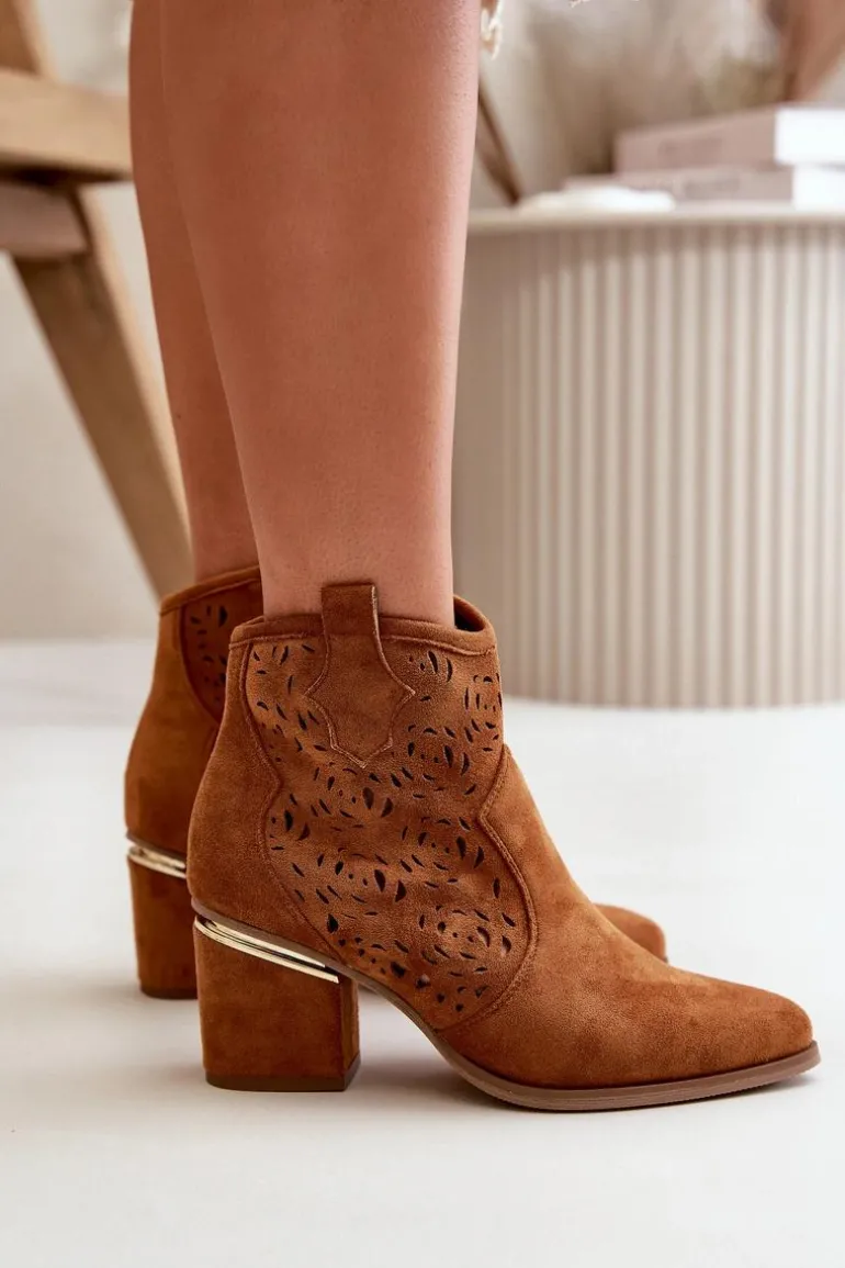 Ażurowe Botki Kowbojki Na Słupku Zapinane Na Zamek Camel Vosilara