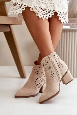 Ażurowe Botki Kowbojki Na Słupku Zapinane Na Zamek Beżowe Vosilara