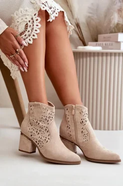 Ażurowe Botki Kowbojki Na Słupku Zapinane Na Zamek Beżowe Vosilara