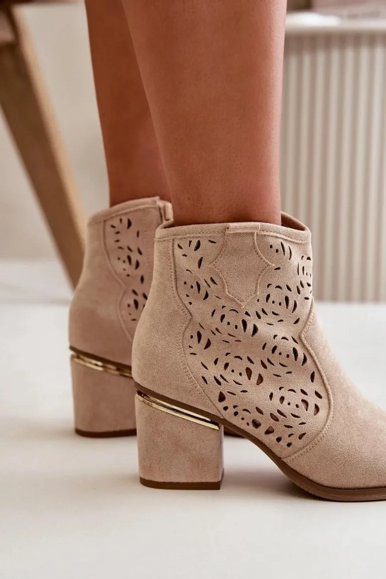 Ażurowe Botki Kowbojki Na Słupku Zapinane Na Zamek Beżowe Vosilara