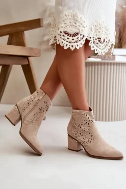 Ażurowe Botki Kowbojki Na Słupku Zapinane Na Zamek Beżowe Vosilara