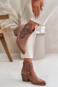 Ażurowe Botki Kowbojki Na Zamek Eko Zamszowe Brązowe S.Barski HY42-944