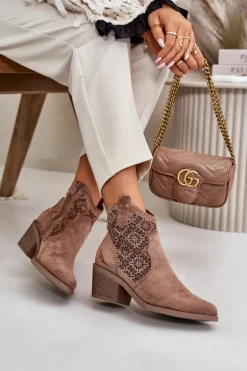 Ażurowe Botki Kowbojki Na Zamek Eko Zamszowe Brązowe S.Barski HY42-944