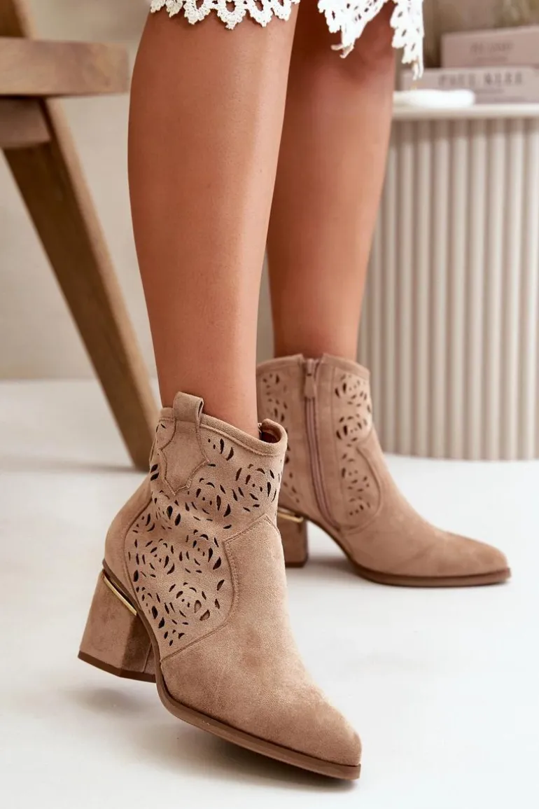 Ażurowe Botki Kowbojki Na Słupku Zapinane Na Zamek Brązowe Vosilara