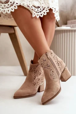 Ażurowe Botki Kowbojki Na Słupku Zapinane Na Zamek Brązowe Vosilara