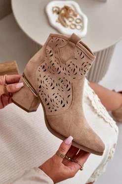 Ażurowe Botki Kowbojki Na Słupku Zapinane Na Zamek Brązowe Vosilara