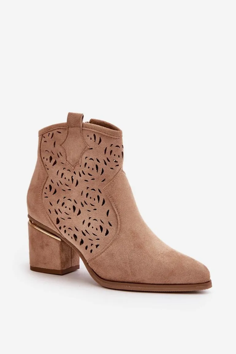 Ażurowe Botki Kowbojki Na Słupku Zapinane Na Zamek Brązowe Vosilara