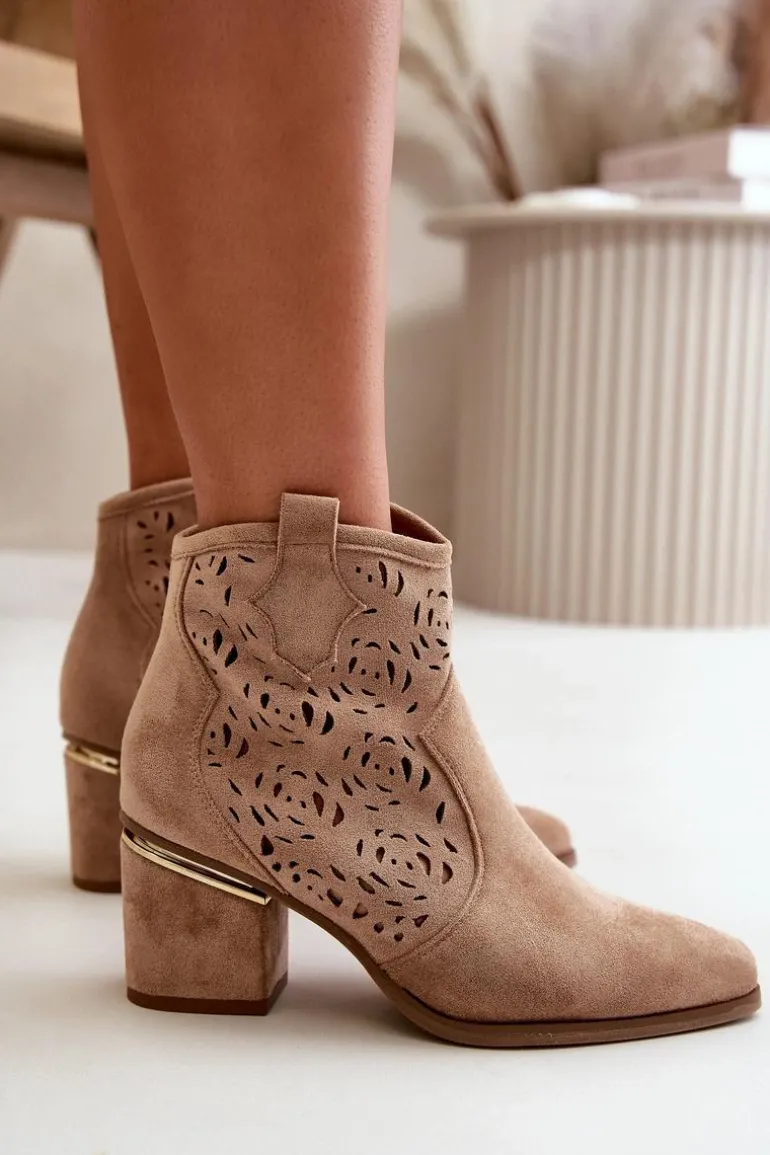 Ażurowe Botki Kowbojki Na Słupku Zapinane Na Zamek Brązowe Vosilara