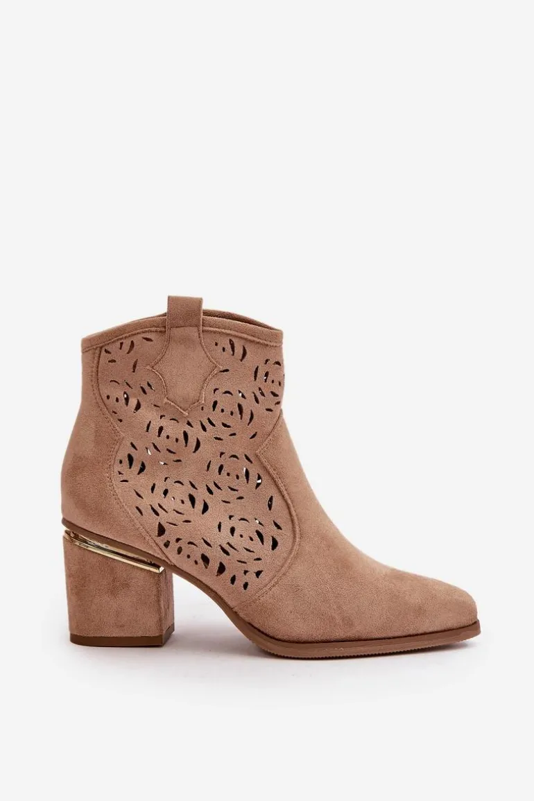 Ażurowe Botki Kowbojki Na Słupku Zapinane Na Zamek Brązowe Vosilara