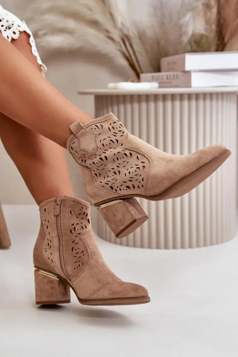 Ażurowe Botki Kowbojki Na Słupku Zapinane Na Zamek Brązowe Vosilara