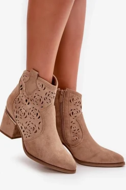 Ażurowe Botki Kowbojki Na Słupku Zapinane Na Zamek Brązowe Vosilara