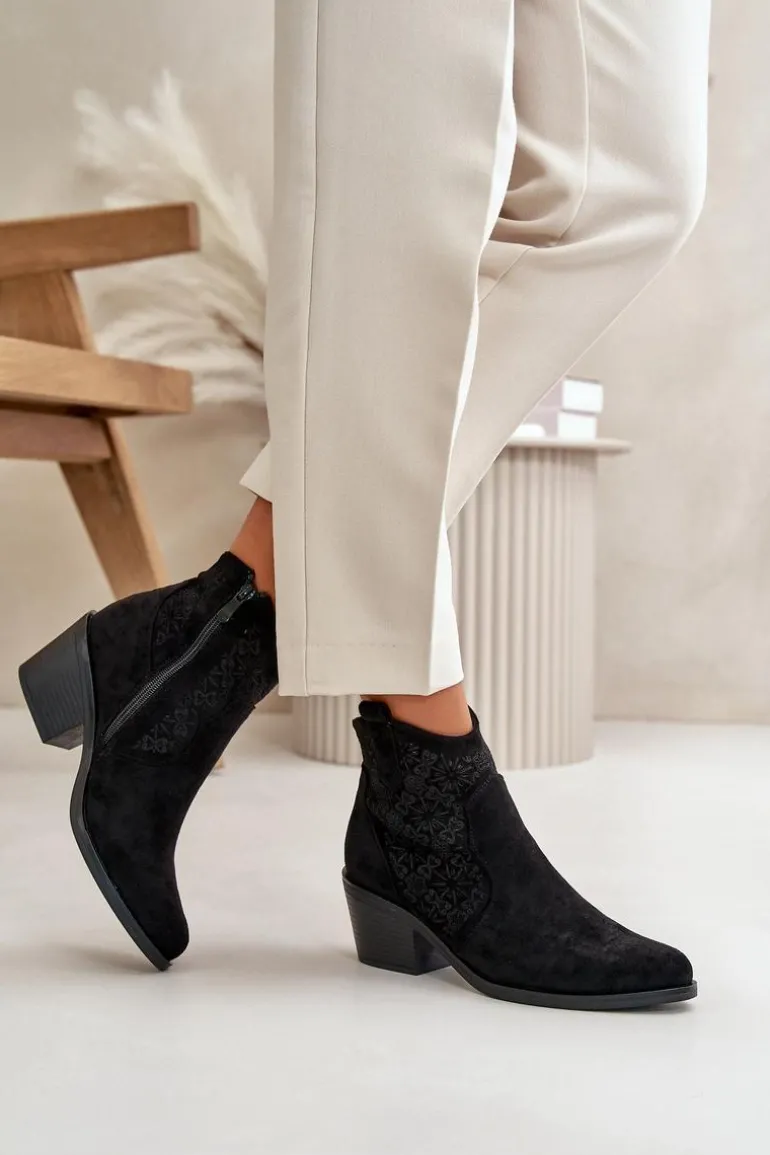 Ażurowe Botki Kowbojki Na Zamek Eko Zamszowe Czarne S.Barski HY42-944