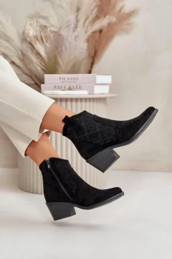 Ażurowe Botki Kowbojki Na Zamek Eko Zamszowe Czarne S.Barski HY42-944