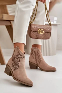 Ażurowe Botki Kowbojki Na Zamek Eko Zamszowe Beżowe S.Barski HY42-944