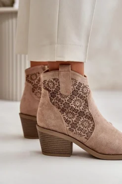 Ażurowe Botki Kowbojki Na Zamek Eko Zamszowe Beżowe S.Barski HY42-944