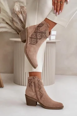Ażurowe Botki Kowbojki Na Zamek Eko Zamszowe Beżowe S.Barski HY42-944