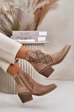 Ażurowe Botki Kowbojki Na Zamek Eko Zamszowe Beżowe S.Barski HY42-944