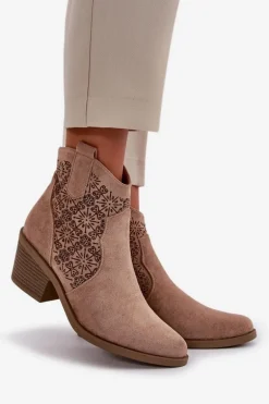 Ażurowe Botki Kowbojki Na Zamek Eko Zamszowe Beżowe S.Barski HY42-944