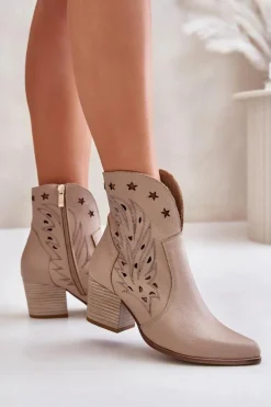 Ażurowe Botki Kowbojki Skórzane Na Słupku Lewski 3613 Beżowe