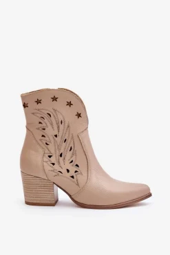 Ażurowe Botki Kowbojki Skórzane Na Słupku Lewski 3613 Beżowe
