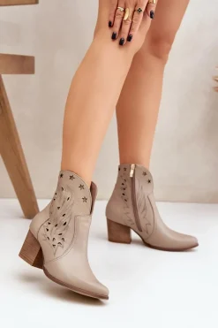 Ażurowe Botki Kowbojki Skórzane Na Słupku Lewski 3613 Ciemnobeżowe