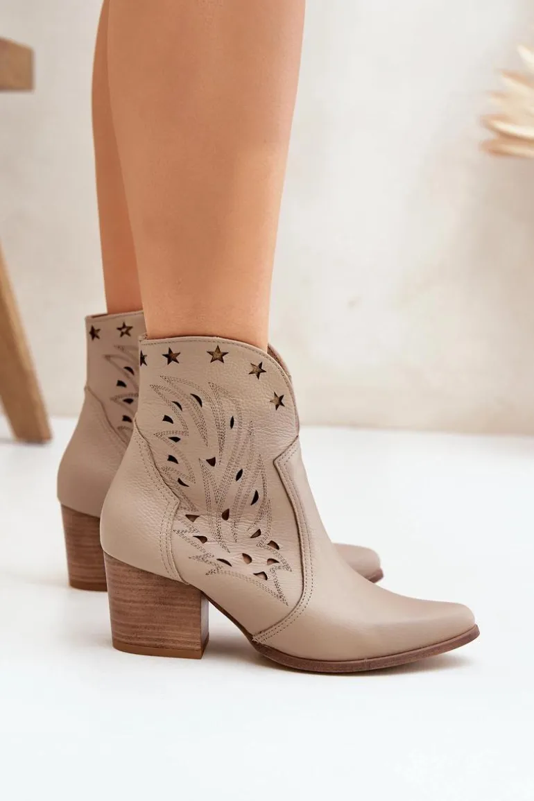 Ażurowe Botki Kowbojki Skórzane Na Słupku Lewski 3613 Ciemnobeżowe
