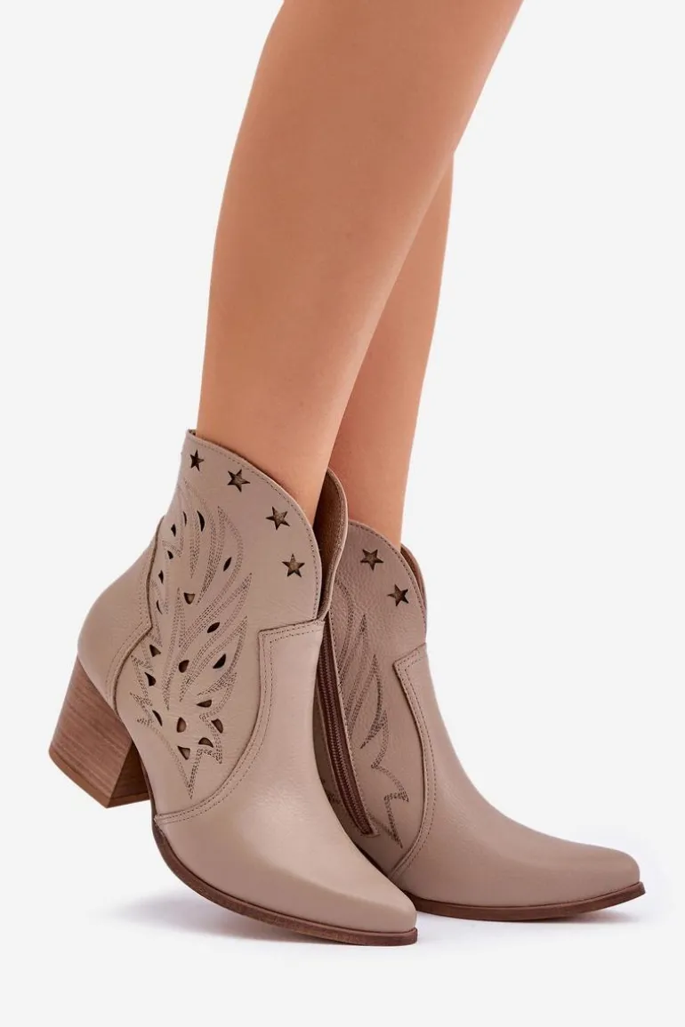 Ażurowe Botki Kowbojki Skórzane Na Słupku Lewski 3613 Ciemnobeżowe