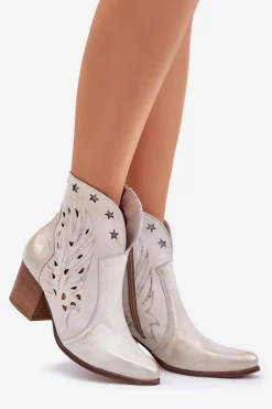 Ażurowe Botki Kowbojki Skórzane Na Słupku Lewski 3613 Złoty Przecierany