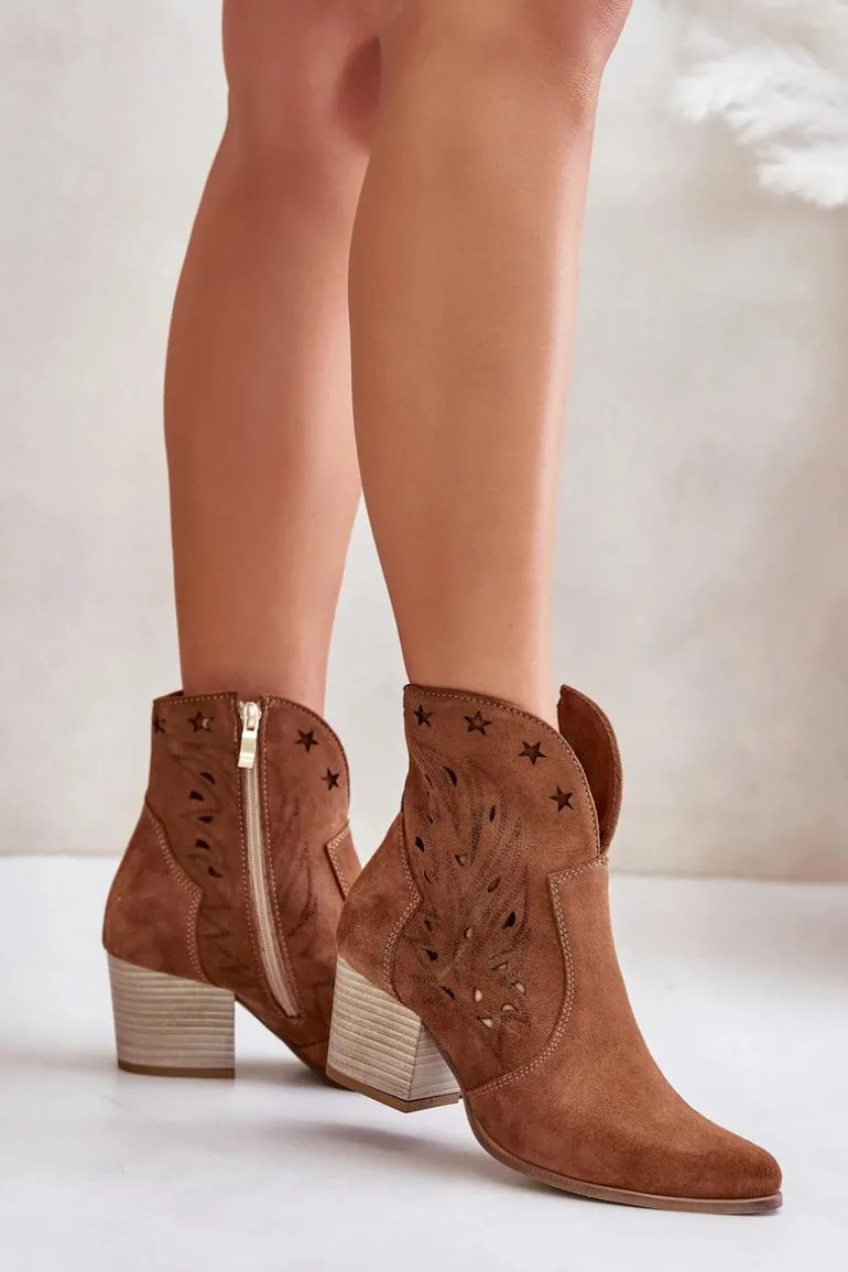 Ażurowe Botki Kowbojki Zamszowe Na Słupku Lewski 3613 Brązowe