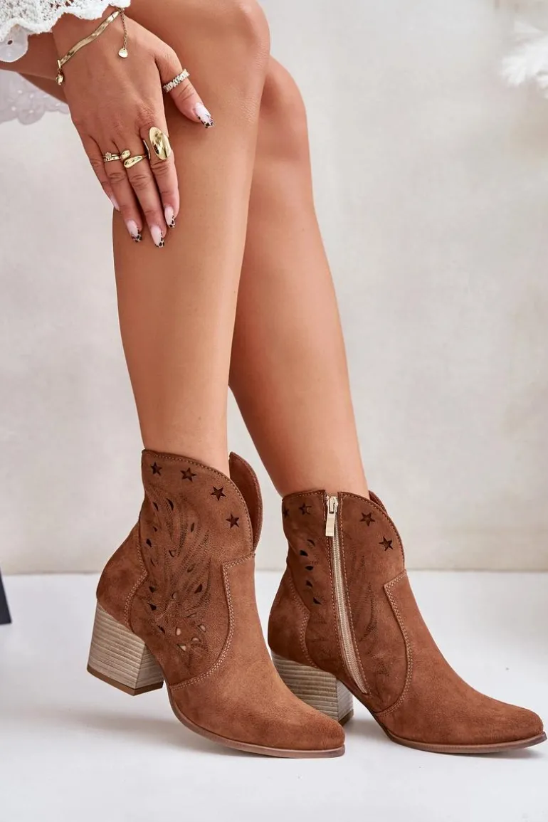 Ażurowe Botki Kowbojki Zamszowe Na Słupku Lewski 3613 Brązowe