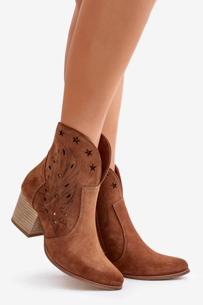 Ażurowe Botki Kowbojki Zamszowe Na Słupku Lewski 3613 Brązowe